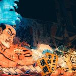 武者と虎を描いた巨大な青森ねぶたが夜に光る様子