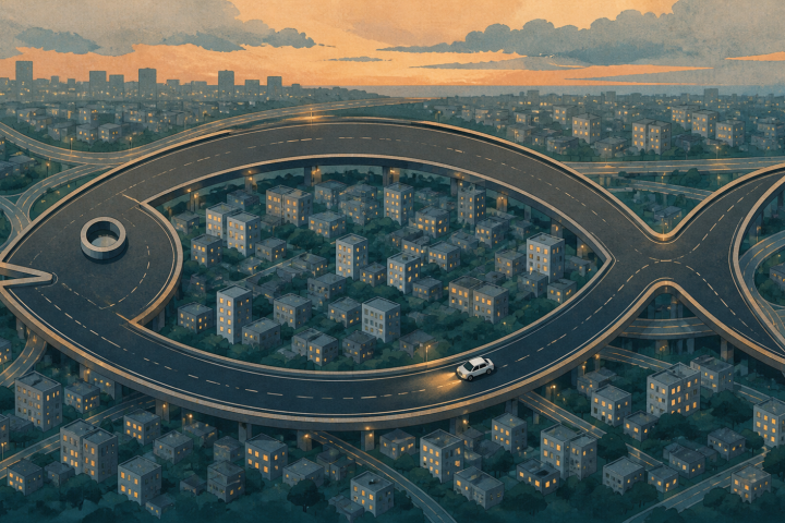 都市の環状道路がカンパチの形に見えるオリジナルイラスト